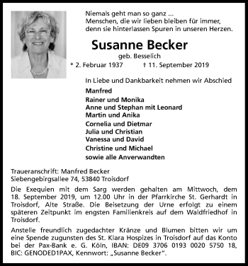 Anzeige von Susanne Becker von Kölner Stadt-Anzeiger / Kölnische Rundschau / Express