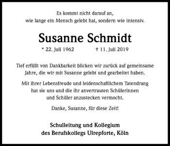 Anzeige von Susanne Schmidt von Kölner Stadt-Anzeiger / Kölnische Rundschau / Express