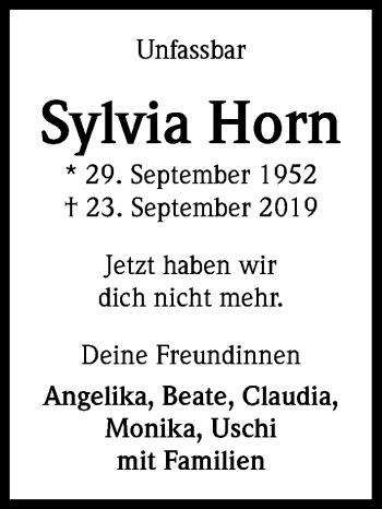 Anzeige von Sylvia Horn von Kölner Stadt-Anzeiger / Kölnische Rundschau / Express