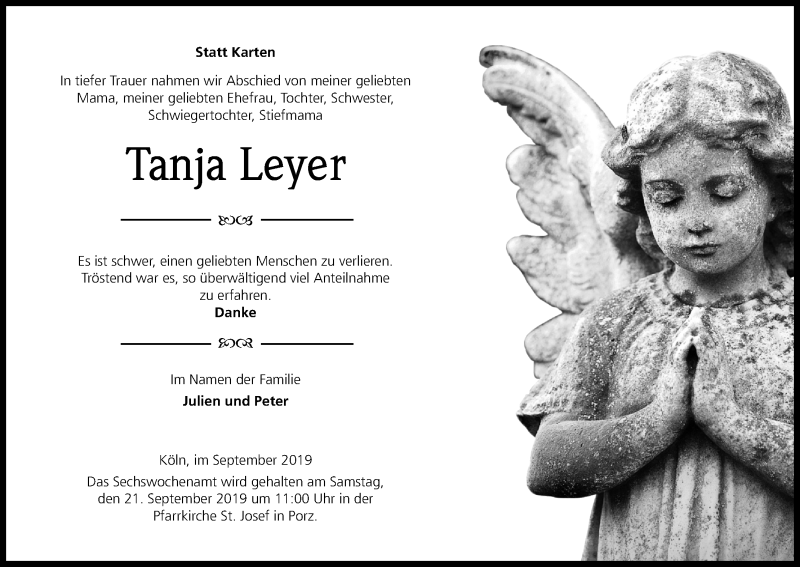  Traueranzeige für Tanja Leyer vom 14.09.2019 aus Kölner Stadt-Anzeiger / Kölnische Rundschau / Express