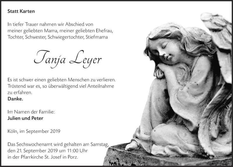  Traueranzeige für Tanja Leyer vom 18.09.2019 aus  Kölner Wochenspiegel 