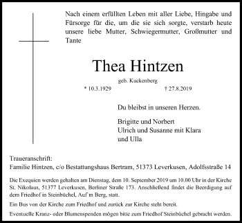 Anzeige von Thea Hintzen von Kölner Stadt-Anzeiger / Kölnische Rundschau / Express