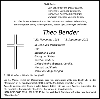 Anzeige von Theo Bender von Kölner Stadt-Anzeiger / Kölnische Rundschau / Express