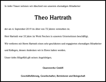 Anzeige von Theo Hartrath von Kölner Stadt-Anzeiger / Kölnische Rundschau / Express