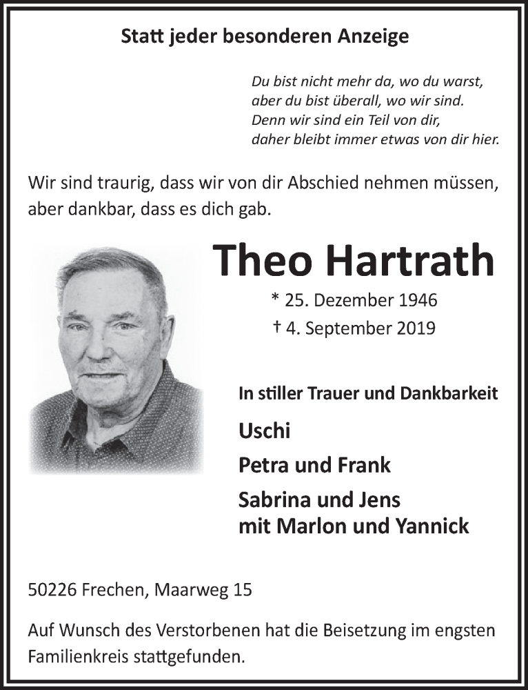  Traueranzeige für Theo Hartrath vom 21.09.2019 aus  Sonntags-Post 