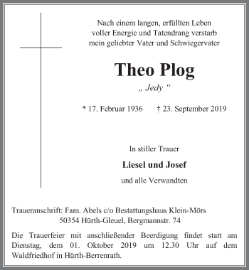 Anzeige von Theo Plog von  Wochenende 