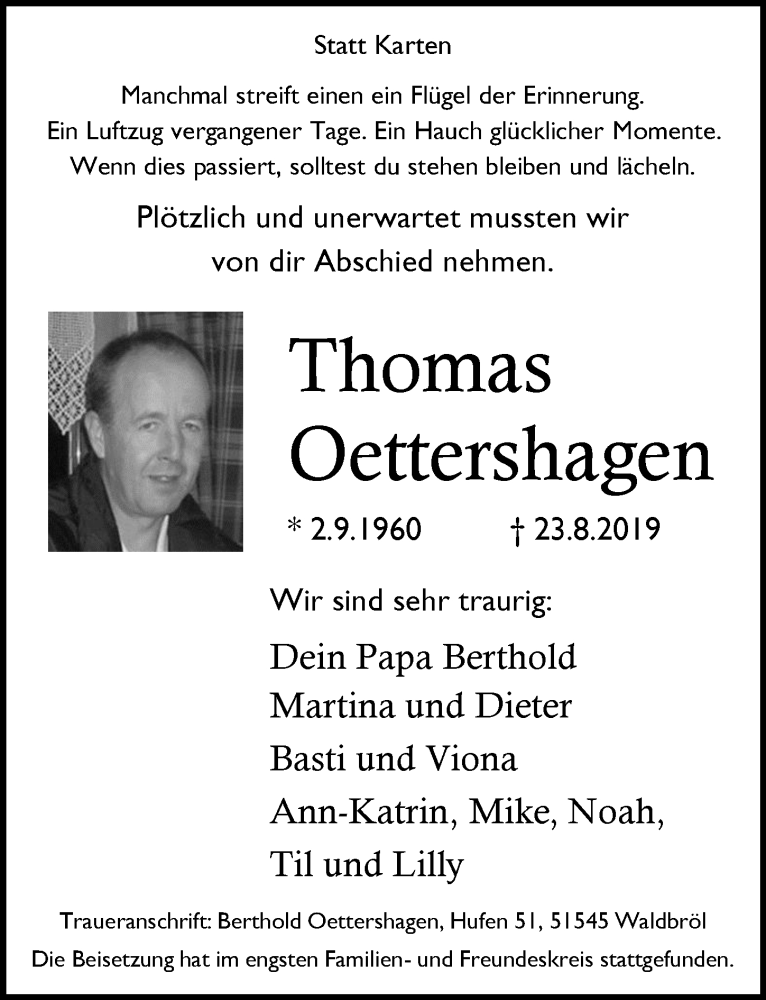  Traueranzeige für Thomas Oettershagen vom 11.09.2019 aus  Lokalanzeiger 