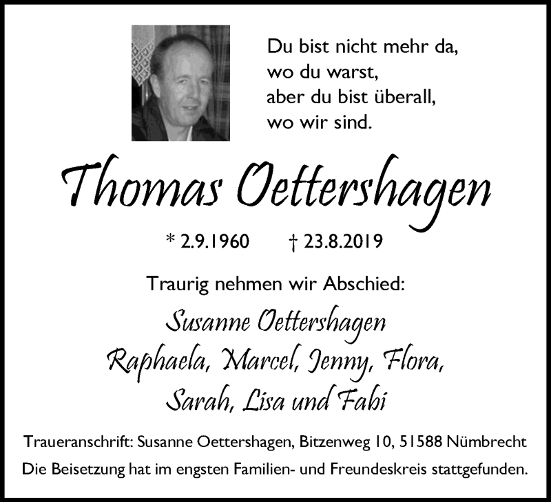  Traueranzeige für Thomas Oettershagen vom 11.09.2019 aus  Lokalanzeiger 