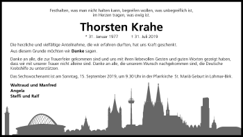 Anzeige von Thorsten Krahe von Kölner Stadt-Anzeiger / Kölnische Rundschau / Express