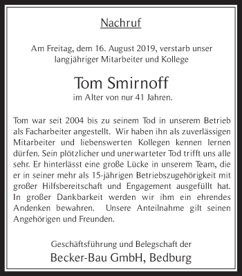 Anzeige von Tom Smirnoff von  Werbepost 
