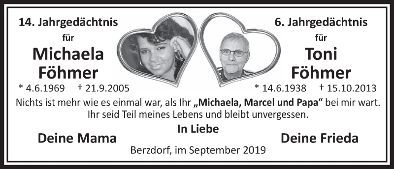  Traueranzeige für Toni Föhmer vom 18.09.2019 aus  Schlossbote/Werbekurier 