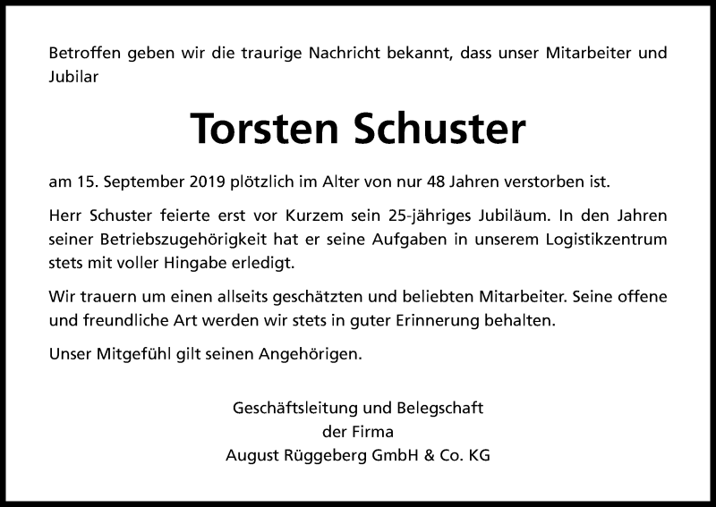  Traueranzeige für Torsten Schuster vom 23.09.2019 aus Kölner Stadt-Anzeiger / Kölnische Rundschau / Express