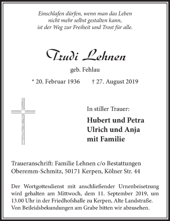 Anzeige von Trudi Lehnen von  Sonntags-Post 