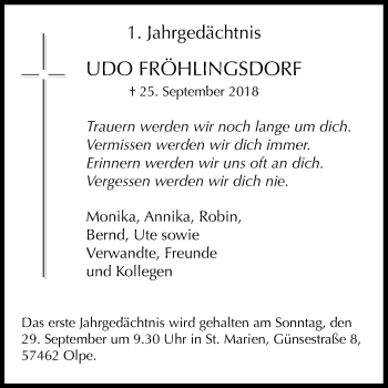 Anzeige von Udo Fröhlingsdorf von Kölner Stadt-Anzeiger / Kölnische Rundschau / Express