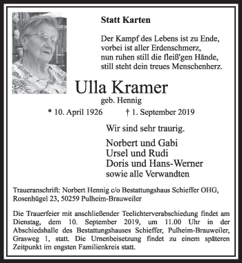 Anzeige von Ulla Kramer von  Sonntags-Post 