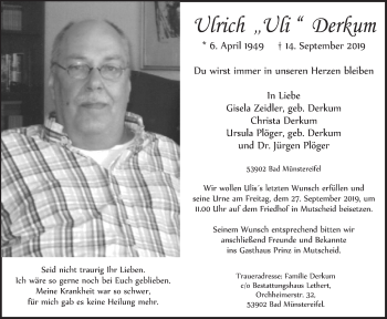 Anzeige von Ulrich Derkum von  Blickpunkt Euskirchen 
