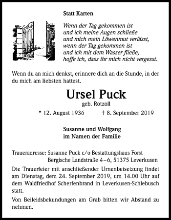 Anzeige von Ursel Puck von Kölner Stadt-Anzeiger / Kölnische Rundschau / Express