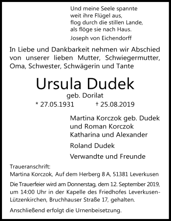 Anzeige von Ursula Dudek von Kölner Stadt-Anzeiger / Kölnische Rundschau / Express