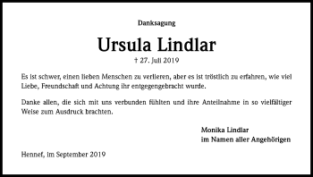 Anzeige von Ursula Lindlar von Kölner Stadt-Anzeiger / Kölnische Rundschau / Express