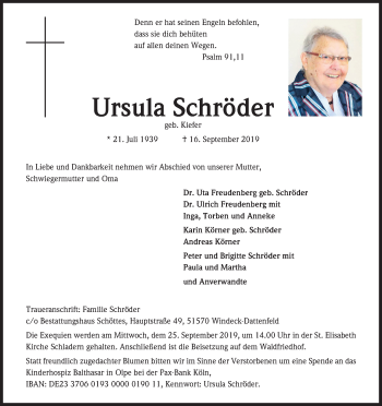 Anzeige von Ursula Schröder von Kölner Stadt-Anzeiger / Kölnische Rundschau / Express