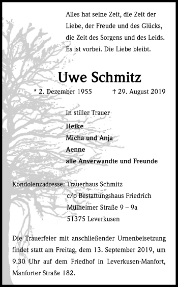 Anzeige von Uwe Schmitz von Kölner Stadt-Anzeiger / Kölnische Rundschau / Express