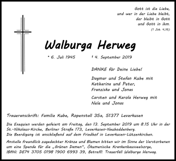 Anzeige von Walburga Herweg von Kölner Stadt-Anzeiger / Kölnische Rundschau / Express