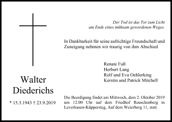 Anzeige von Walter Diederichs von Kölner Stadt-Anzeiger / Kölnische Rundschau / Express