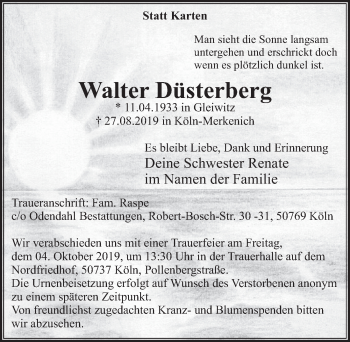 Anzeige von Walter Düsterberg von  Kölner Wochenspiegel 