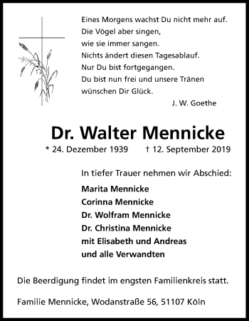 Anzeige von Walter Mennicke von Kölner Stadt-Anzeiger / Kölnische Rundschau / Express