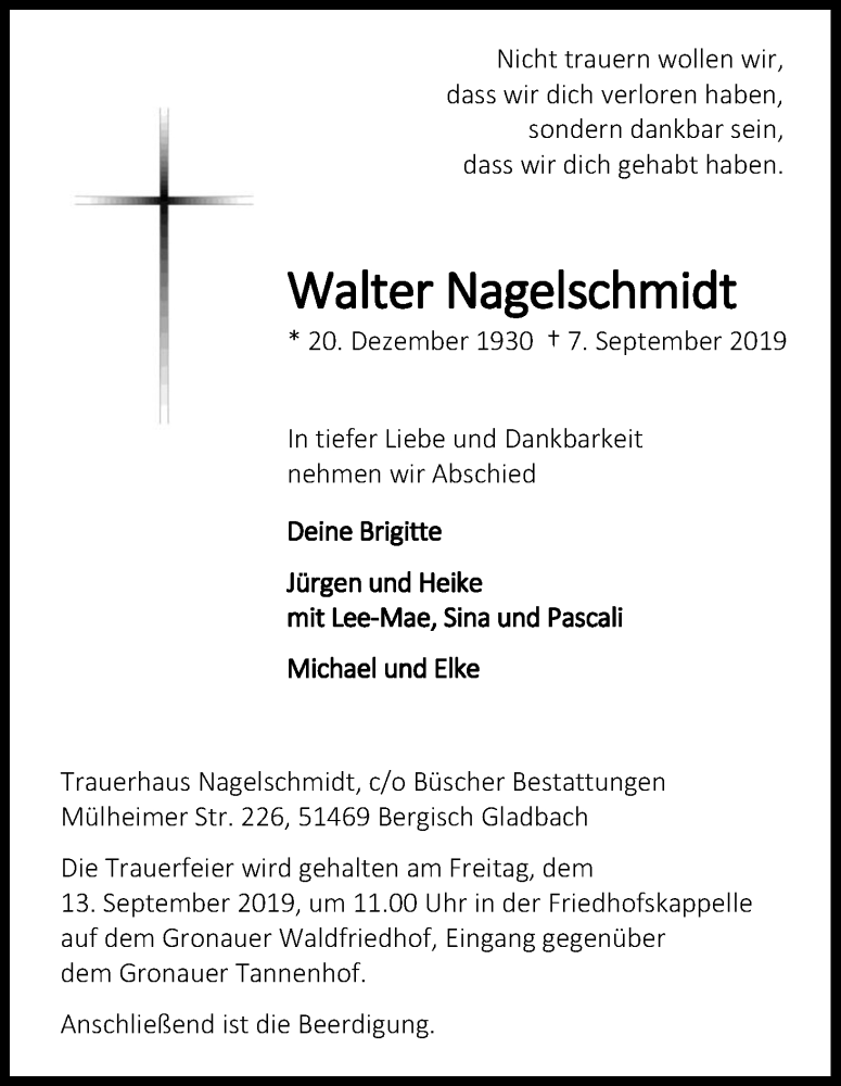  Traueranzeige für Walter Nagelschmidt vom 11.09.2019 aus Kölner Stadt-Anzeiger / Kölnische Rundschau / Express