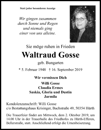 Anzeige von Waltraud Gosse von Kölner Stadt-Anzeiger / Kölnische Rundschau / Express