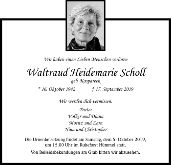 Anzeige von Waltraud Heidemarie Scholl von Kölner Stadt-Anzeiger / Kölnische Rundschau / Express