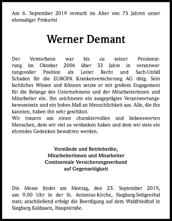 Anzeige von Werner Demant von Kölner Stadt-Anzeiger / Kölnische Rundschau / Express