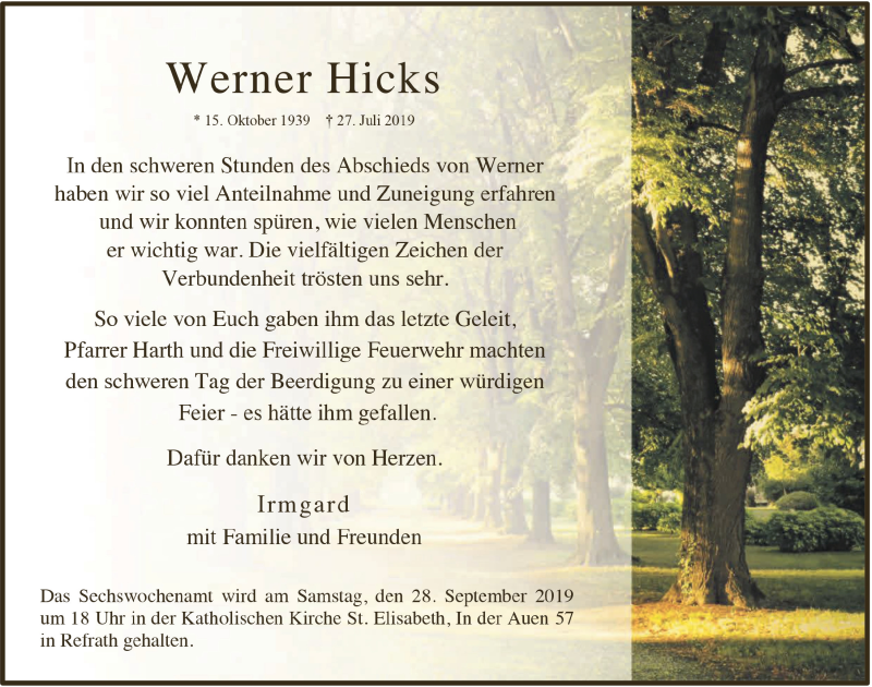  Traueranzeige für Werner Hicks vom 18.07.2023 aus  Bergisches Sonntagsblatt 