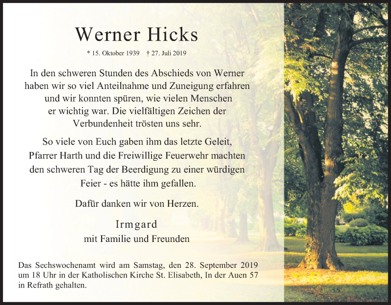  Traueranzeige für Werner Hicks vom 18.07.2023 aus Kölner Stadt-Anzeiger / Kölnische Rundschau / Express