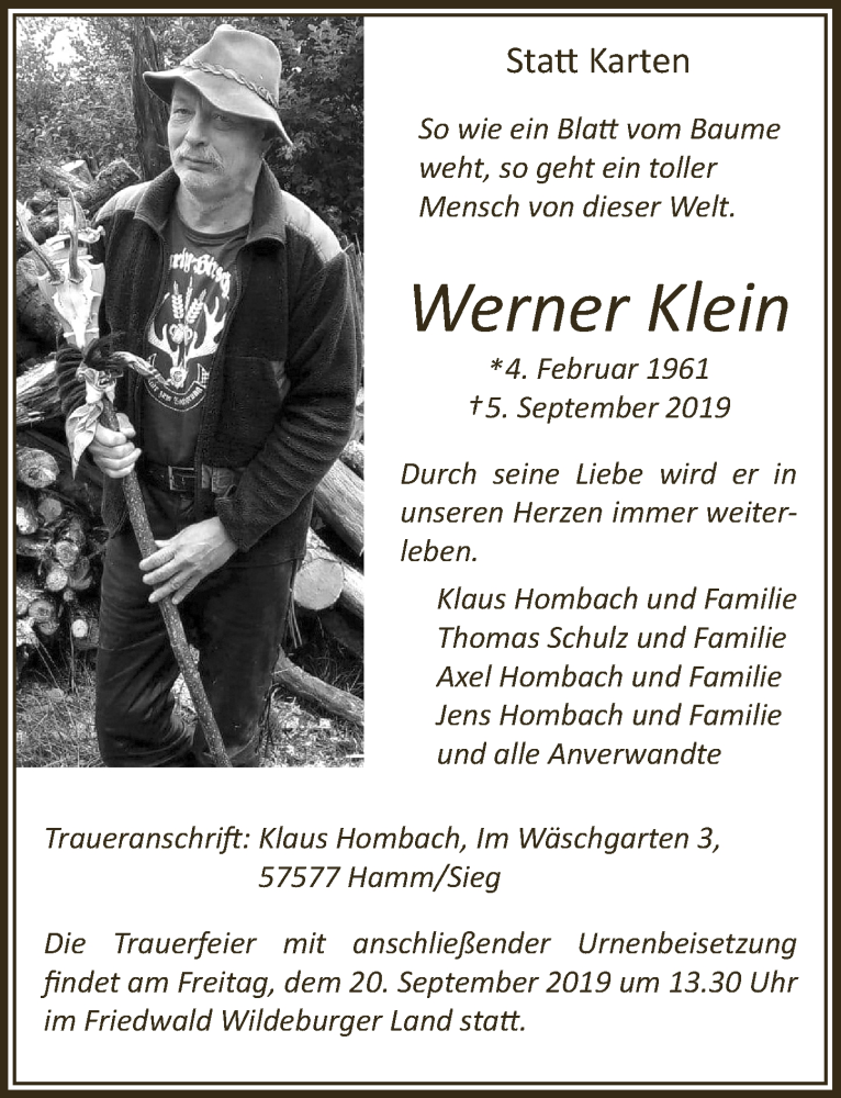  Traueranzeige für Werner Klein vom 11.09.2019 aus  Lokalanzeiger 