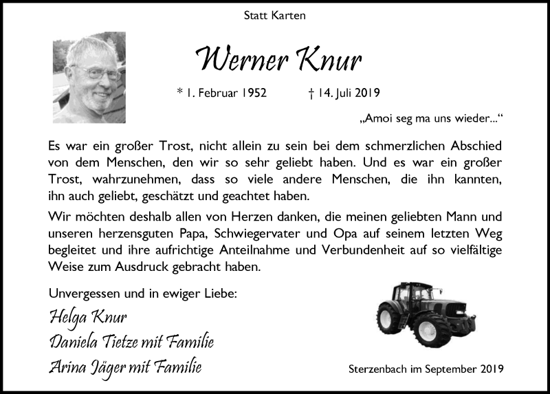  Traueranzeige für Werner Knur vom 11.09.2019 aus  Lokalanzeiger 