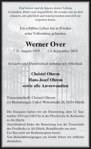 Anzeige von Werner Over von  Wochenende 