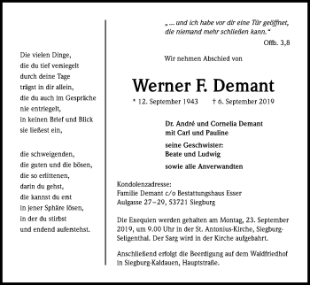 Anzeige von Werner F. Demant von Kölner Stadt-Anzeiger / Kölnische Rundschau / Express