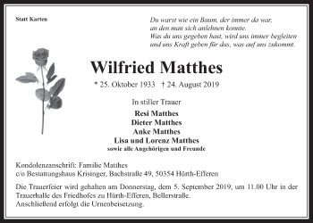 Anzeige von Wilfried Matthes von  Wochenende 