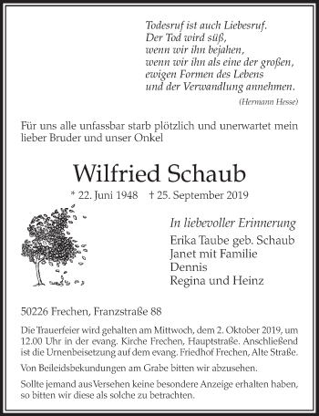 Anzeige von Wilfried Schaub von  Sonntags-Post 