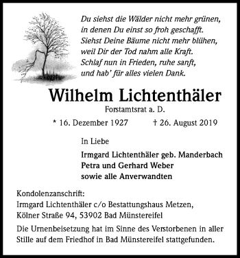 Anzeige von Wilhelm Lichtenthäler von Kölner Stadt-Anzeiger / Kölnische Rundschau / Express