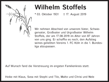 Anzeige von Wilhelm Stoffels von Kölner Stadt-Anzeiger / Kölnische Rundschau / Express