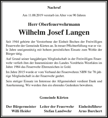 Anzeige von Wilhelm Josef Langen von  Bergisches Handelsblatt 