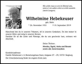 Anzeige von Wilhelmine Hebekeuser von Kölner Stadt-Anzeiger / Kölnische Rundschau / Express