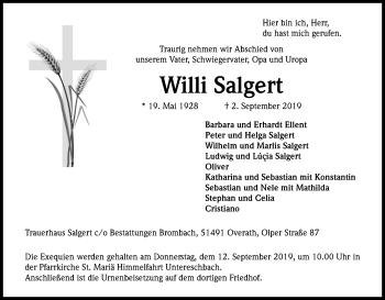 Anzeige von Willi Salgert von Kölner Stadt-Anzeiger / Kölnische Rundschau / Express