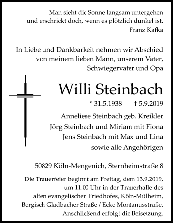 Anzeige von Willi Steinbach von Kölner Stadt-Anzeiger / Kölnische Rundschau / Express