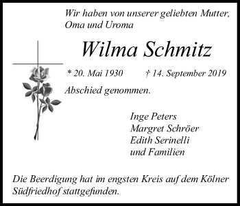 Anzeige von Wilma Schmitz von Kölner Stadt-Anzeiger / Kölnische Rundschau / Express