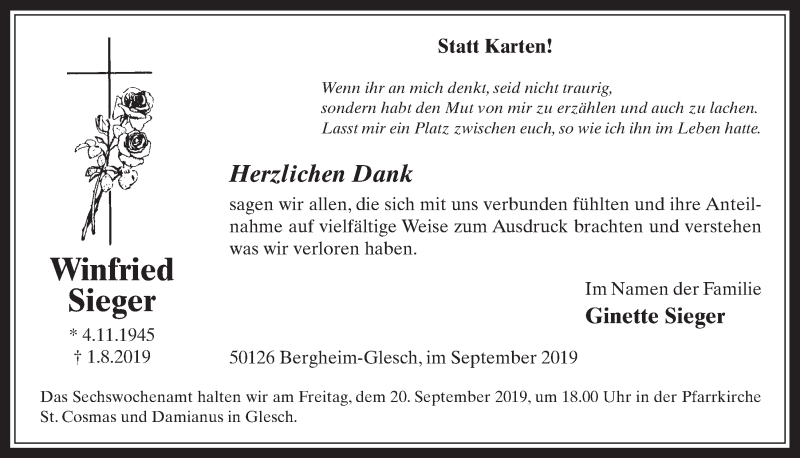  Traueranzeige für Winfried Sieger vom 18.09.2019 aus  Werbepost 