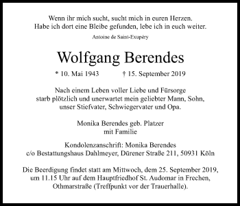Anzeige von Wolfgang Berendes von Kölner Stadt-Anzeiger / Kölnische Rundschau / Express